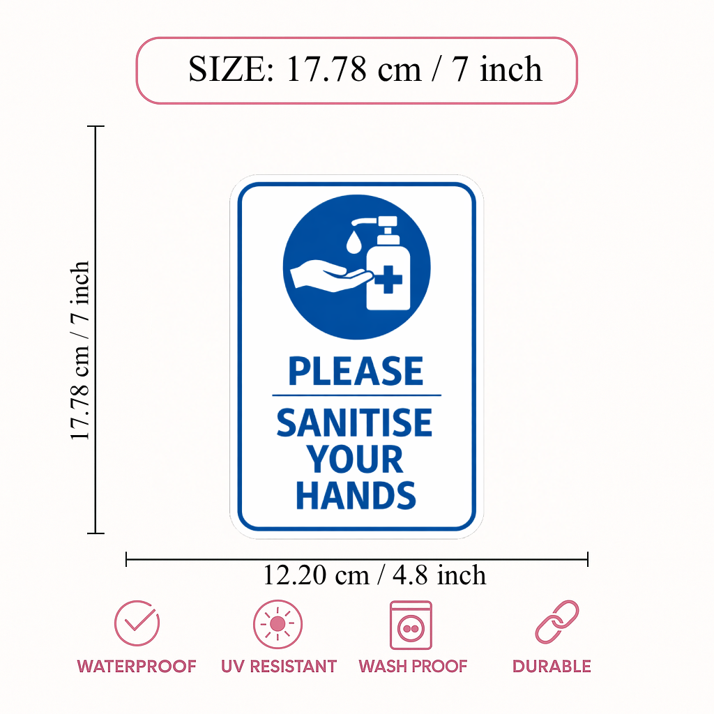Smeeps Please Sanitise Your Hands Sticker – 17.78 × 12.20 cm (7 × 4.8 Inch) Waterproof Hygiene Safety Sign for Office, Hospital, School & Shop Entrance | UV Resistant | Wash Proof | Pack of 1