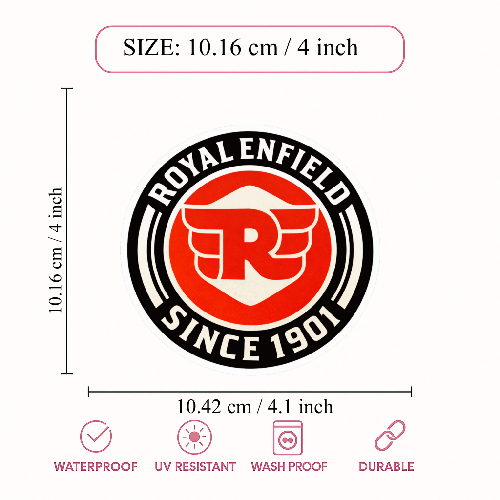 Smeeps Royal Enfield Logo Vinyl Sticker – 10.16 × 10.42 cm (4 × 4.1 Inch) Waterproof Bike Decal for Royal Enfield, Helmet, Laptop & Car | Premium Round Sticker | Pack of 1