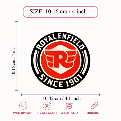 Smeeps Royal Enfield Logo Vinyl Sticker – 10.16 × 10.42 cm (4 × 4.1 Inch) Waterproof Bike Decal for Royal Enfield, Helmet, Laptop & Car | Premium Round Sticker | Pack of 1