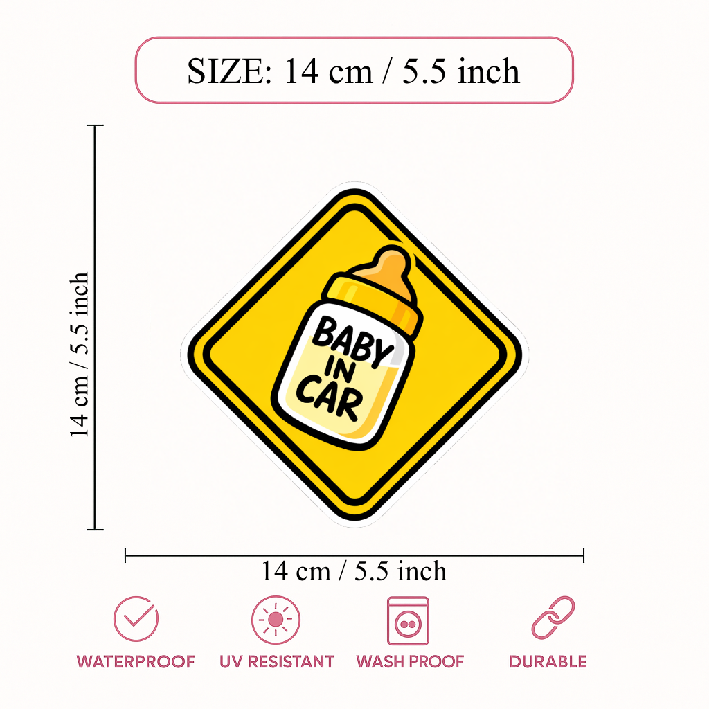Smeeps Baby In Car Sticker – 14 × 14 cm (5.5 × 5.5 Inch) Waterproof Vinyl Safety Sticker for Cars | Cute Baby Bottle Warning Decal | UV Resistant | Pack of 1