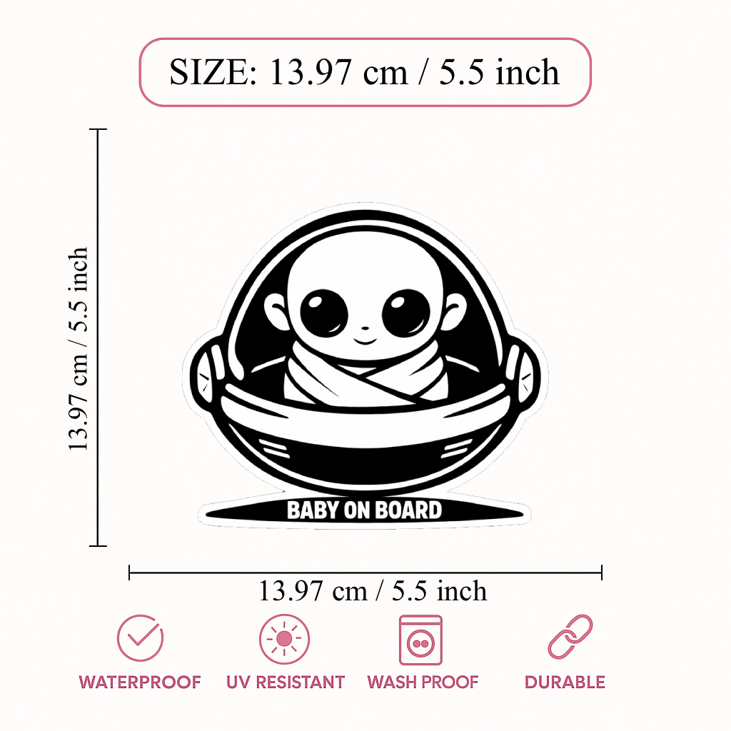 Smeeps Baby On Board Car Sticker – 13.97 × 13.97 cm (5.5 × 5.5 Inch) Waterproof Vinyl Safety Sticker for Cars | Cute Black & White Baby Warning Decal | UV Resistant | Pack of 1