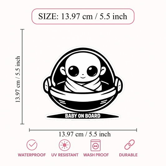 Smeeps Baby On Board Car Sticker – 13.97 × 13.97 cm (5.5 × 5.5 Inch) Waterproof Vinyl Safety Sticker for Cars | Cute Black & White Baby Warning Decal | UV Resistant | Pack of 1