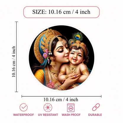 Smeeps Yashoda Krishna Vinyl Sticker – 10.16 × 10.16 cm (4 × 4 Inch) Premium Waterproof Devotional Round Decal | Mother Yashoda with Baby Krishna Design | UV Resistant Wash Proof | Pack of 1