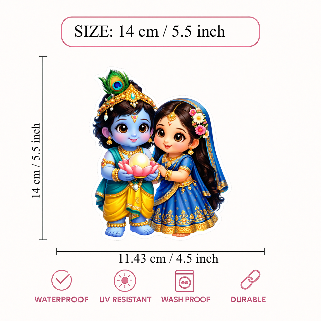 Smeeps Cute Radha Krishna Vinyl Sticker – 14 × 11.43 cm (5.5 × 4.5 Inch) Waterproof Krishna Devotional Sticker | UV Resistant Cartoon Radha Krishna Decal for Car, Bike, Laptop & Wall | Pack of 1