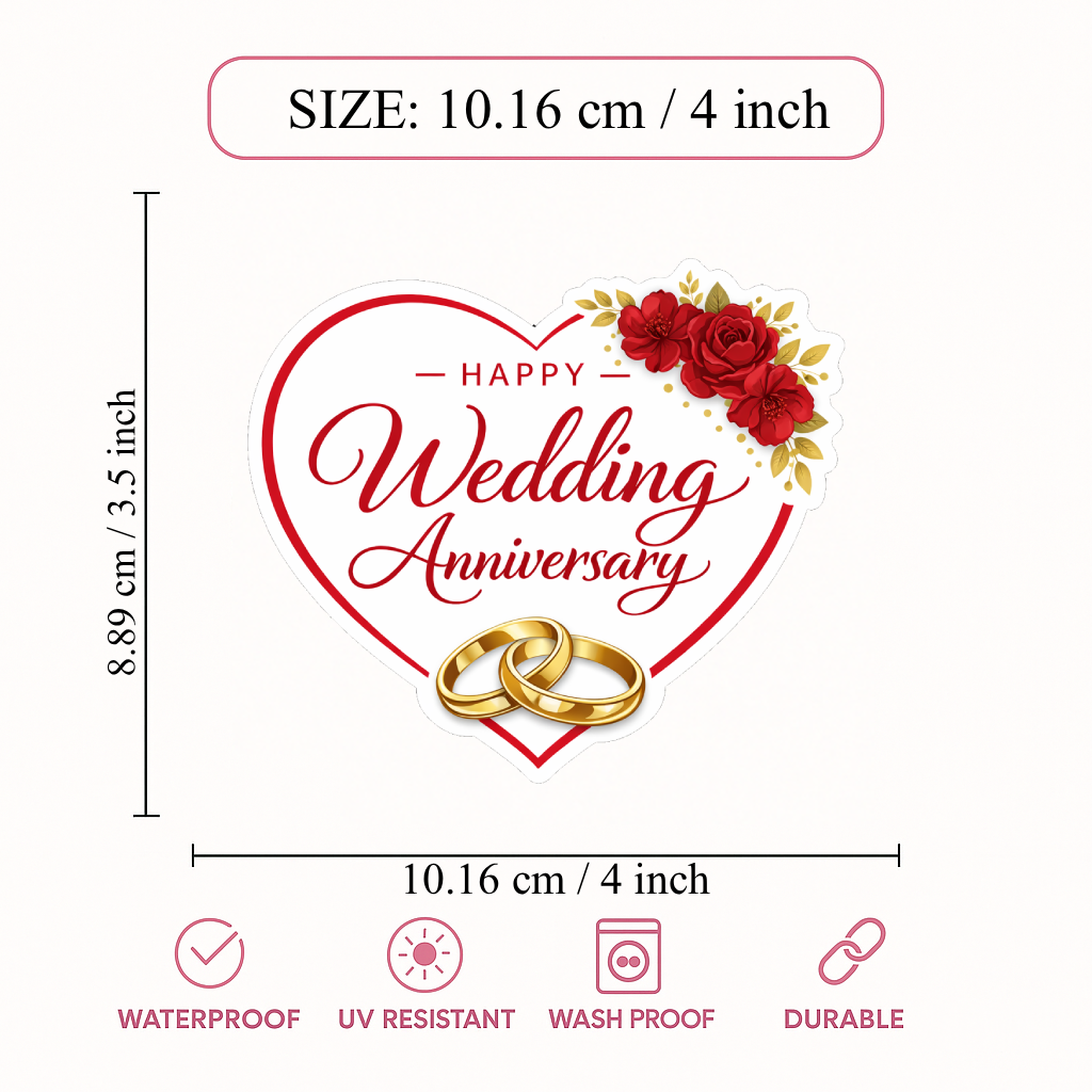 Smeeps Happy Wedding Anniversary Heart Sticker – 10.16 × 8.89 cm (4 × 3.5 Inch) Romantic Couple Anniversary Vinyl Die-Cut Sticker with Floral & Ring Design | Waterproof UV Resistant | Pack of 1