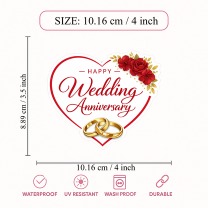 Smeeps Happy Wedding Anniversary Heart Sticker – 10.16 × 8.89 cm (4 × 3.5 Inch) Romantic Couple Anniversary Vinyl Die-Cut Sticker with Floral & Ring Design | Waterproof UV Resistant | Pack of 1