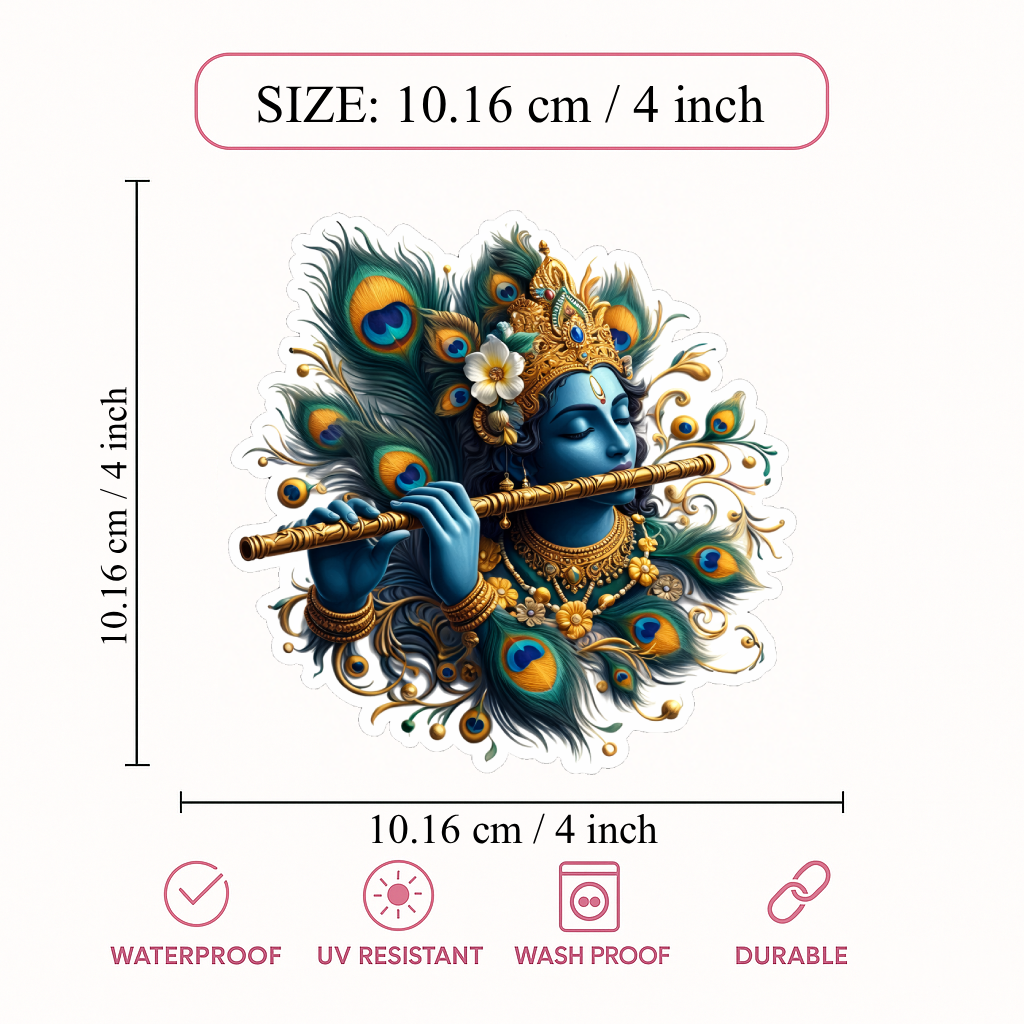 Smeeps Lord Krishna Sticker – 10.16 × 10.16 cm (4 × 4 Inch) Premium Vinyl Decal | Flute & Peacock Feather Divine Design | Waterproof UV Resistant Wash Proof | Pack of 1
