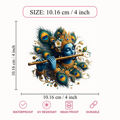 Smeeps Lord Krishna Sticker – 10.16 × 10.16 cm (4 × 4 Inch) Premium Vinyl Decal | Flute & Peacock Feather Divine Design | Waterproof UV Resistant Wash Proof | Pack of 1