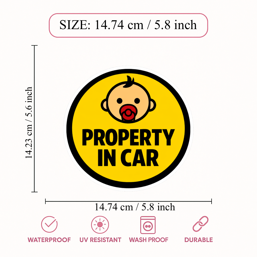 Smeeps Property In Car Sticker – 14.74 × 14.23 cm (5.8 × 5.6 Inch) Waterproof Vinyl Safety Sticker for Cars | Funny Baby Warning Decal | UV Resistant | Pack of 1