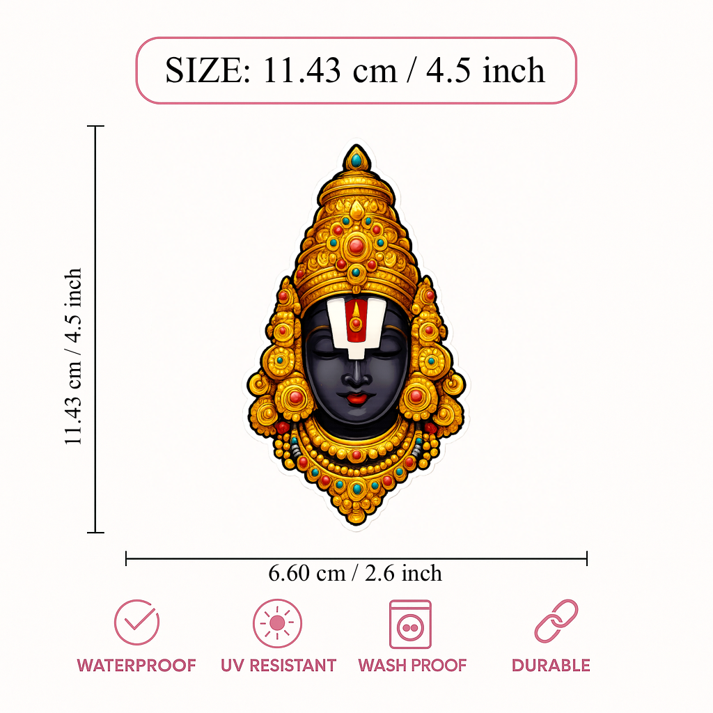 Smeeps Lord Balaji Face Sticker – 11.43 × 6.60 cm (4.5 × 2.6 Inch) Hindu Religious Vinyl Decal for Car & Bike | Waterproof UV Resistant Tirupati God Sticker
