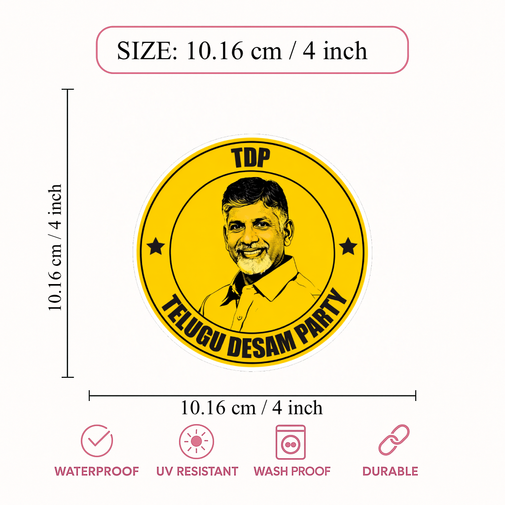 Smeeps TDP Telugu Desam Party Leader Round Vinyl Sticker – 10.16 × 10.16 cm (4 × 4 Inch) Political Car Bike Laptop Sticker | Waterproof UV Resistant Wash Proof | Pack of 1