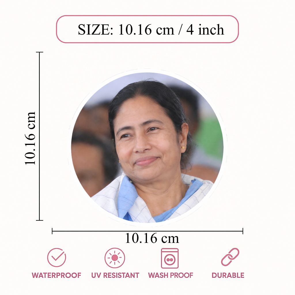 Smeeps Mamata Banerjee Portrait Sticker – 10.16 cm (4 Inch) Round Car & Bike Vinyl Decal | Waterproof UV Resistant Political Design