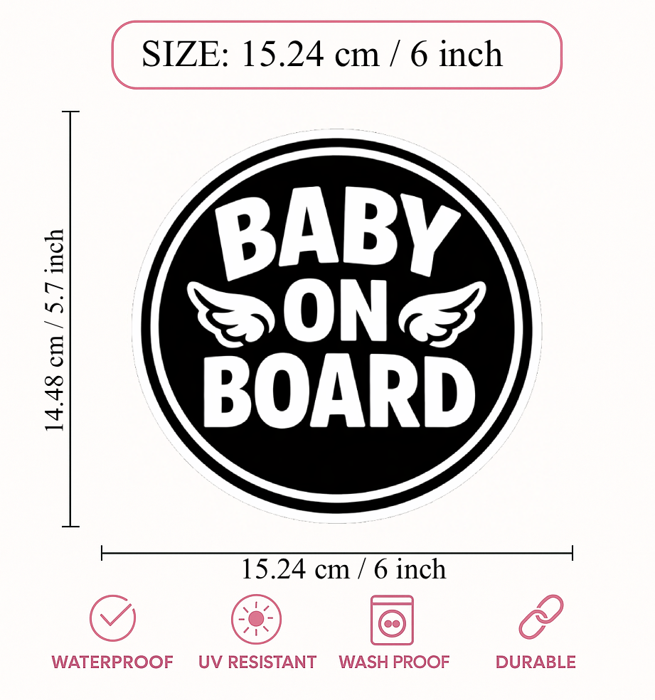 Smeeps Baby On Board Car Sticker – 15.24 × 15.24 cm (6 × 6 Inch) Waterproof Vinyl Safety Sticker for Cars | Black & White Round Baby Warning Decal | UV Resistant | Pack of