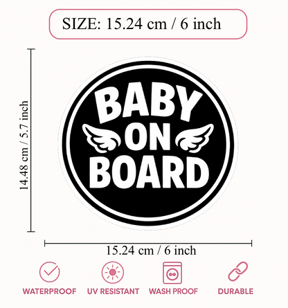 Smeeps Baby On Board Car Sticker – 15.24 × 15.24 cm (6 × 6 Inch) Waterproof Vinyl Safety Sticker for Cars | Black & White Round Baby Warning Decal | UV Resistant | Pack of