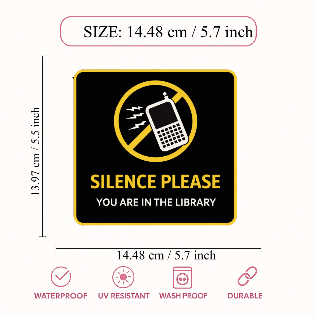 Smeeps Silence Please Library Sticker – 14.48 × 13.97 cm (5.7 × 5.5 Inch) Premium Vinyl Decal | No Mobile Phone Noise Library Sign | Waterproof UV Resistant Wash Proof | Pack of 1