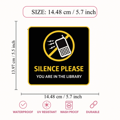 Smeeps Silence Please Library Sticker – 14.48 × 13.97 cm (5.7 × 5.5 Inch) Premium Vinyl Decal | No Mobile Phone Noise Library Sign | Waterproof UV Resistant Wash Proof | Pack of 1