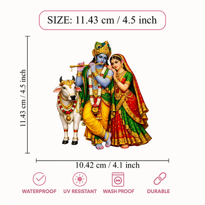Smeeps Radha Krishna Vinyl Sticker – 11.43 × 10.42 cm (4.5 × 4.1 Inch) Waterproof Devotional Car Sticker | UV Resistant Radha Krishna Cow Decal for Car, Bike, Laptop & Wall | Pack of 1