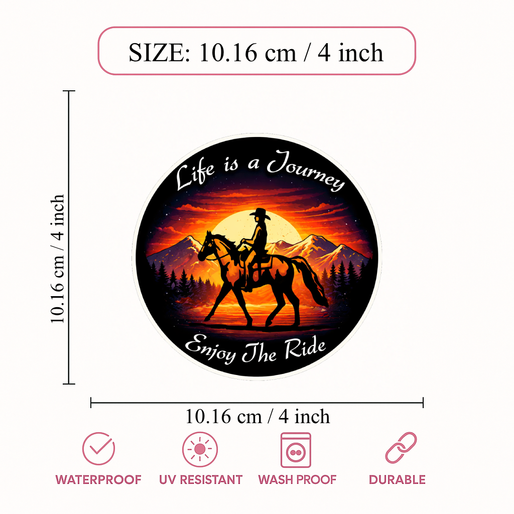 Smeeps Life is a Journey Sticker – 10.16 × 10.16 cm (4 × 4 Inch) Premium Vinyl Decal | Horse Rider Sunset Adventure Design | Waterproof UV Resistant Wash Proof | Pack of 1