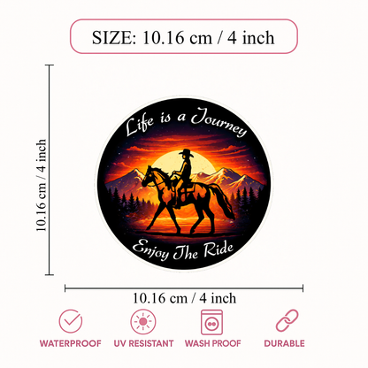 Smeeps Life is a Journey Sticker – 10.16 × 10.16 cm (4 × 4 Inch) Premium Vinyl Decal | Horse Rider Sunset Adventure Design | Waterproof UV Resistant Wash Proof | Pack of 1