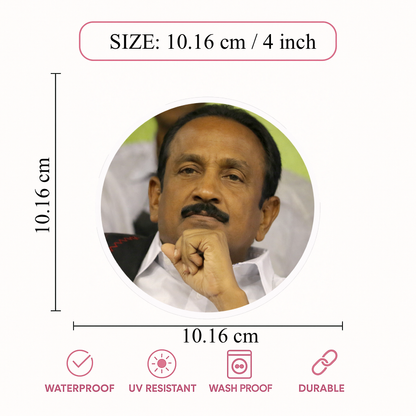 Smeeps Vaiko Portrait Round Sticker – 10.16 cm (4 Inch) Car & Bike Vinyl Decal | Waterproof UV Resistant Political Sticker