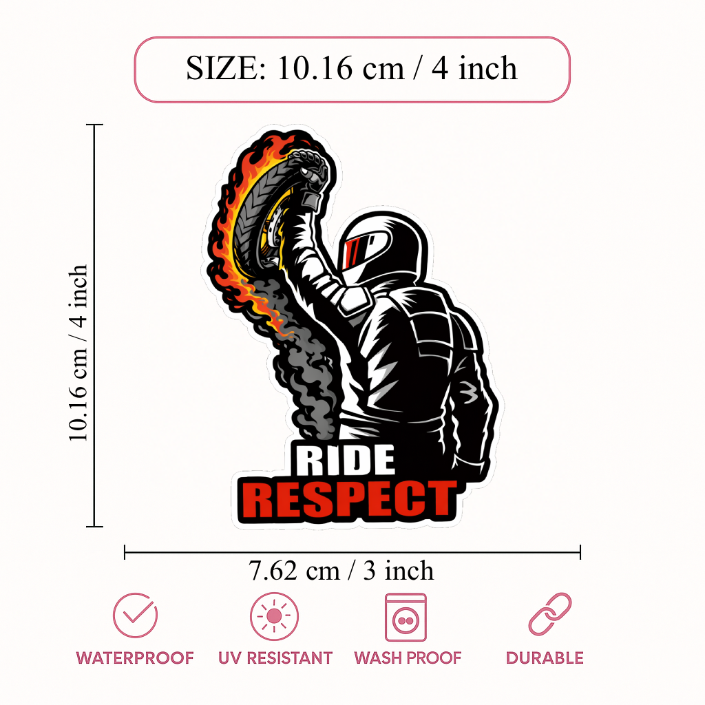 Smeeps Ride Respect Vinyl Sticker – 10.16 × 7.62 cm (4 × 3 Inch) Waterproof Bike Rider Decal | Stunt Rider Helmet Graphic | UV Resistant Wash Proof | Pack of 1