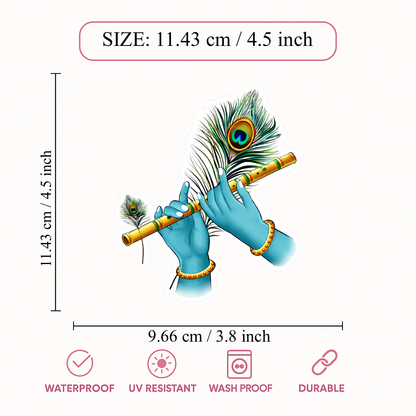Smeeps Krishna Flute Sticker – 9.66 × 11.43 cm (3.8 × 4.5 Inch) Premium Vinyl Decal | Lord Krishna Hands with Flute & Peacock Feather Design | Waterproof UV Resistant Wash Proof | Pack of 1