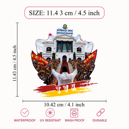 Thalapathy Vijay TVK Political Rally Die-Cut Sticker – 11.43 × 10.42 cm (4.5 × 4.1 Inch) Waterproof UV Resistant Vinyl Car & Bike Sticker for Car, Helmet, Laptop & Rear Glass | Premium Tamilaga Vettri Kazhagam Fan Art Decal Pack of 1