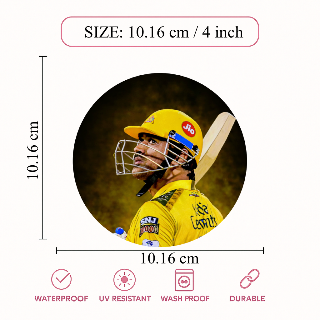 Smeeps MS Dhoni CSK Helmet Sticker – 10.16 cm (4 Inch) Round Car & Bike Vinyl Decal | Yellow Jersey Captain Cool Design | Waterproof UV Resistant
