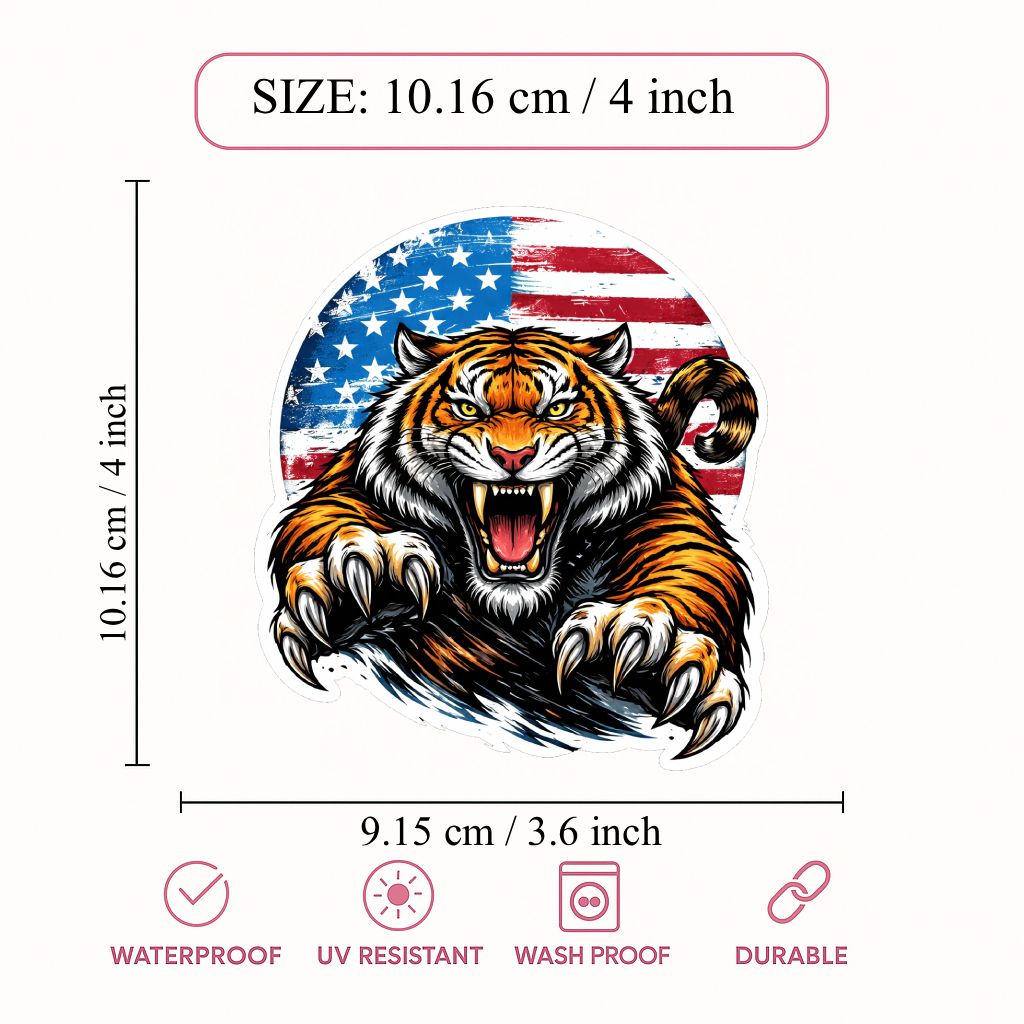 Smeeps Angry Tiger USA Flag Vinyl Sticker – 10.16 × 9.15 cm (4 × 3.6 Inch) Waterproof Tiger Bike Decal for Helmet, Motorcycle, Car & Laptop | American Flag Animal Design | Pack of 1