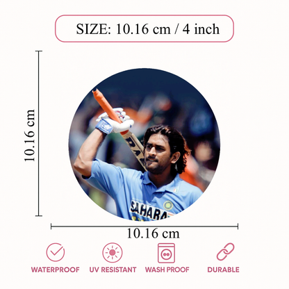 Smeeps MS Dhoni Classic Bat Raise Sticker – 10.16 × 10.16 cm (4 × 4 Inch) Round Car & Bike Vinyl Decal | Team India Legend Design | Waterproof UV Resistant