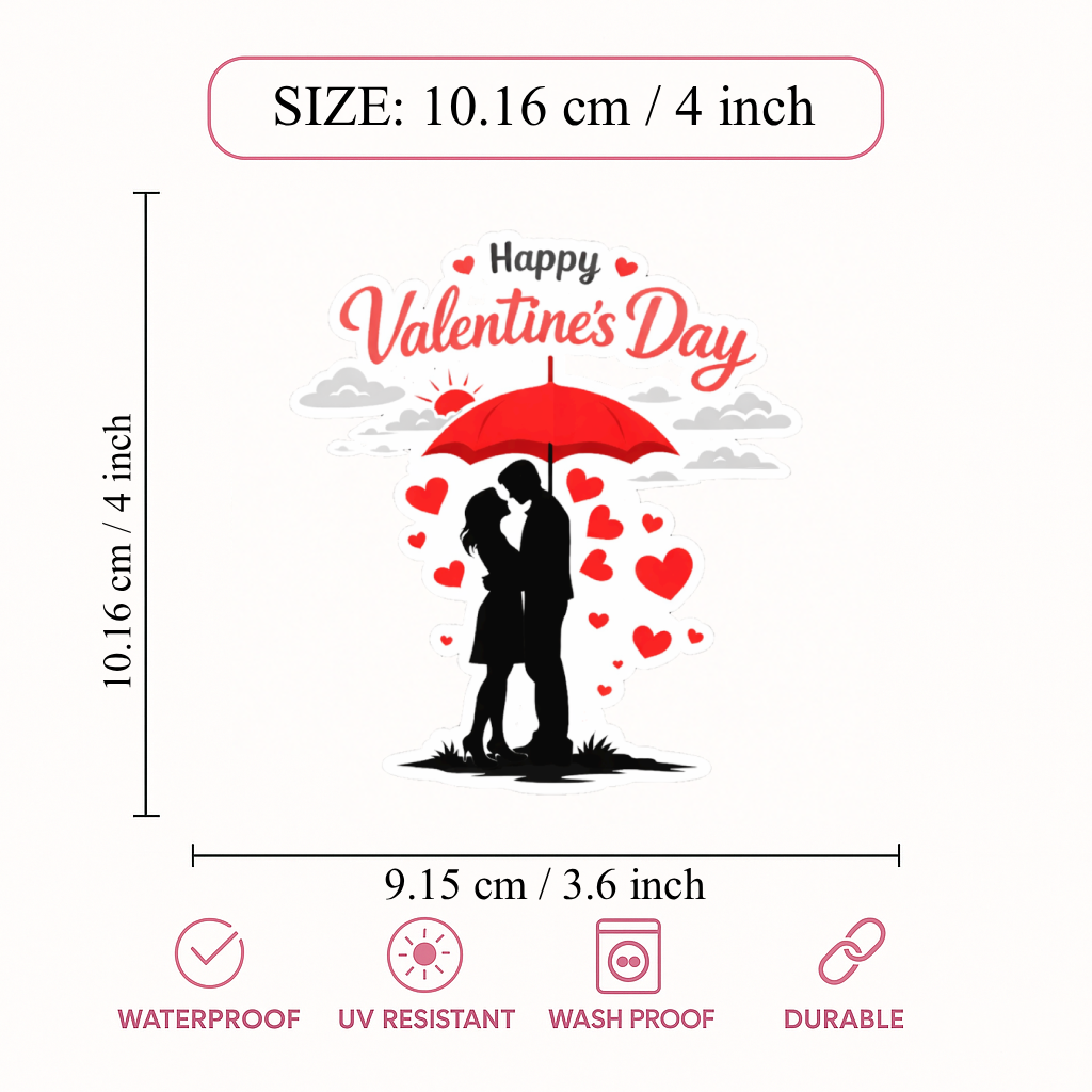 Smeeps Happy Valentine’s Day Couple Under Umbrella Sticker – 10.16 × 9.15 cm (4 × 3.6 Inch) Premium Vinyl Decal | Romantic Love Heart Design | Waterproof UV Resistant Wash Proof | Pack of 1