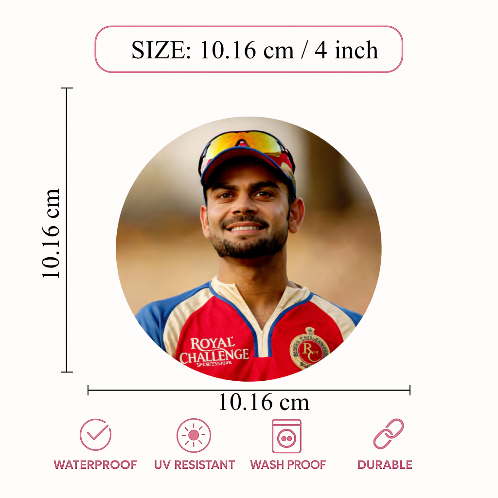 Smeeps Virat Kohli RCB Portrait Sticker – 10.16 cm (4 Inch) Round Car & Bike Vinyl Decal | Royal Challengers Bangalore Jersey Design | Waterproof UV Resistant