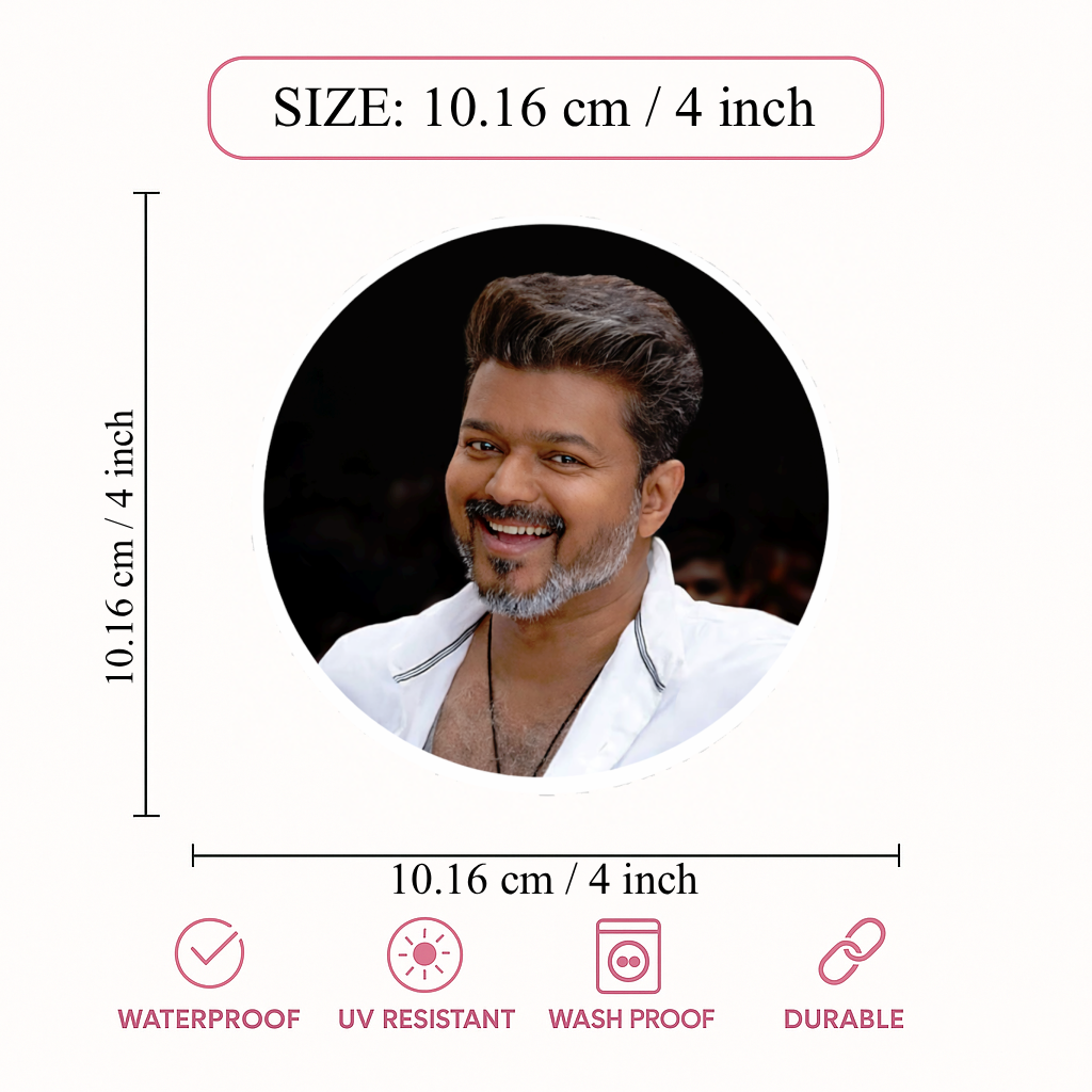 Smeeps Vijay Smiling Face Circular Car Sticker – 10.16 × 10.16 cm (4 × 4 Inch) Premium Vinyl Decal | Black Background Design | Waterproof UV Resistant Wash Proof | Pack of 1