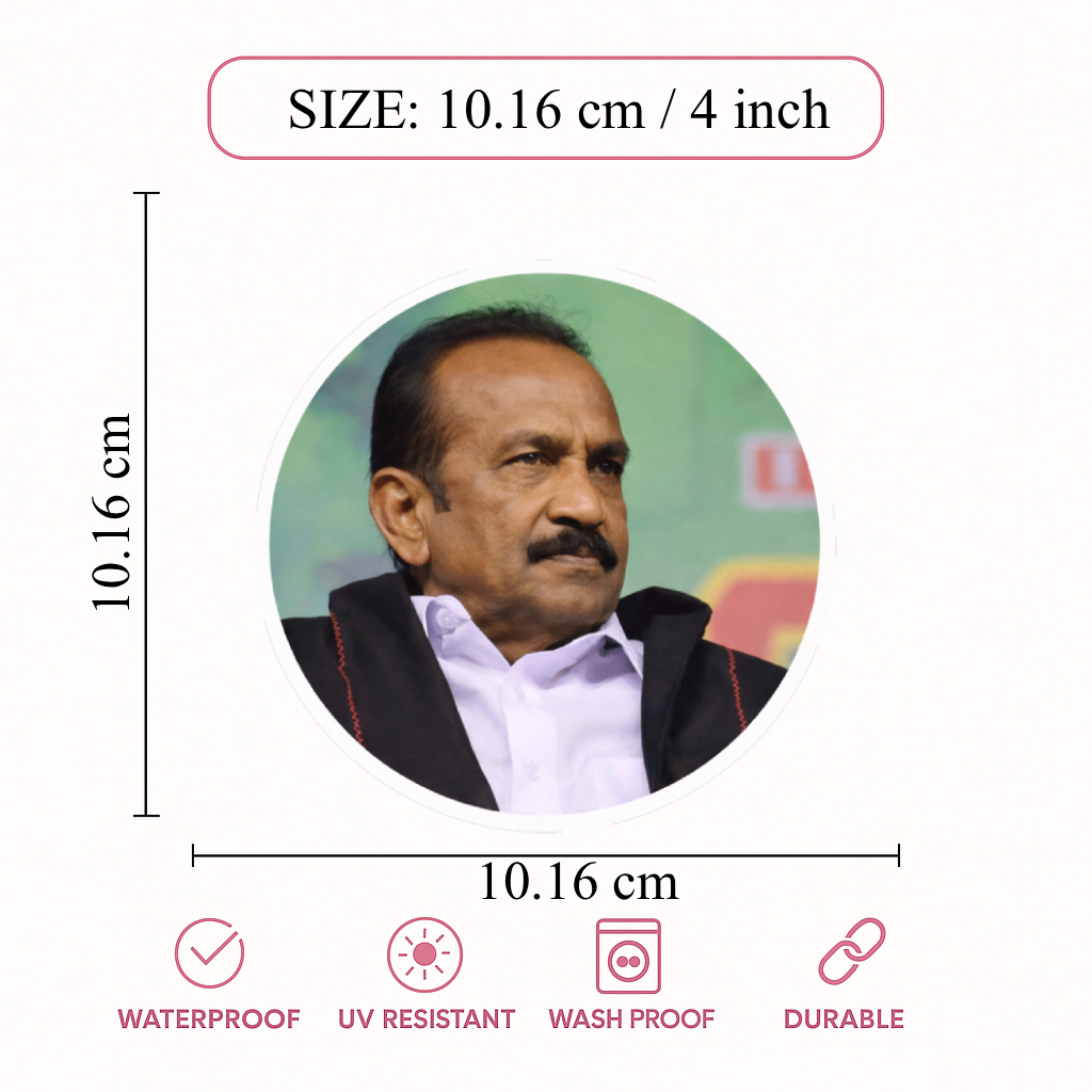 Smeeps Vaiko Portrait Round Sticker – 10.16 cm (4 Inch) Car & Bike Vinyl Decal | Waterproof UV Resistant Political Sticker