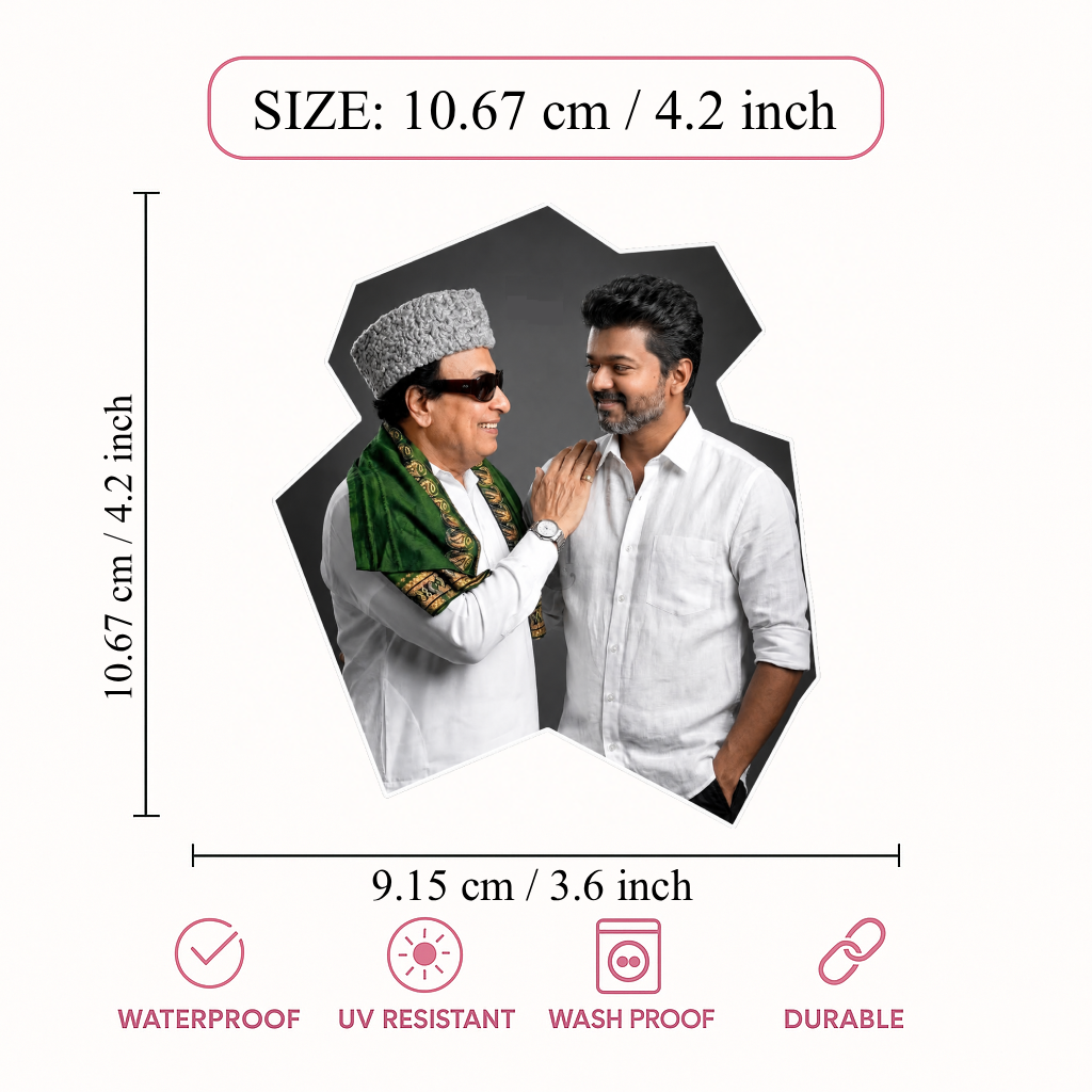 Thalapathy Vijay & Kalaignar Inspired Die-Cut Sticker – 10.67 × 9.15 cm (4.2 × 3.6 Inch) Waterproof UV Resistant Vinyl Car & Bike Sticker for Car, Helmet, Laptop & Rear Glass | Premium Tamil Political Fan Art Decal Pack of 1