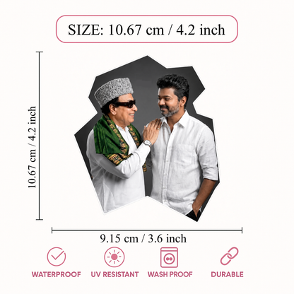 Thalapathy Vijay & Kalaignar Inspired Die-Cut Sticker – 10.67 × 9.15 cm (4.2 × 3.6 Inch) Waterproof UV Resistant Vinyl Car & Bike Sticker for Car, Helmet, Laptop & Rear Glass | Premium Tamil Political Fan Art Decal Pack of 1
