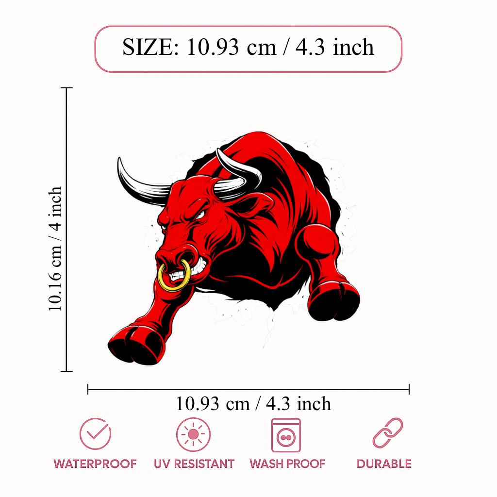 Smeeps Angry Red Bull Vinyl Sticker – 10.93 × 10.93 cm (4.3 × 4.3 Inch) Waterproof Bike & Car Sticker | Aggressive Bull Graphic Decal | UV Resistant Wash Proof | Pack of 1