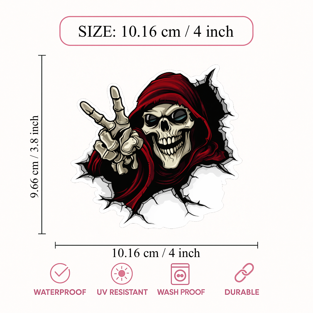 Smeeps Skull Rider Sticker – Premium Vinyl Decal | Red Hood Grim Reaper Peace Sign Design | Waterproof UV Resistant Wash Proof | Pack of 1