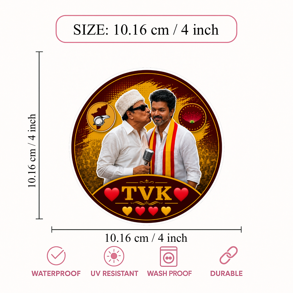 Thalapathy Vijay TVK Round Sticker – 10.16 × 10.16 cm (4 × 4 Inch) Waterproof UV Resistant Vinyl Car & Bike Sticker for Car, Helmet, Laptop & Rear Glass | Premium Tamil Political Fan Art Decal Pack of 1