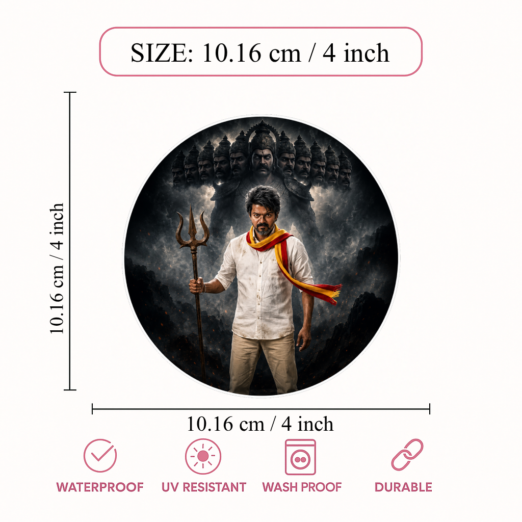 Thalapathy Vijay  Warrior Round Sticker – 10.16 × 10.16 cm (4 × 4 Inch) Waterproof UV Resistant Vinyl Car & Bike Sticker for Car, Helmet, Laptop & Rear Glass | Premium Cinematic Fan Art Decal Pack of 1