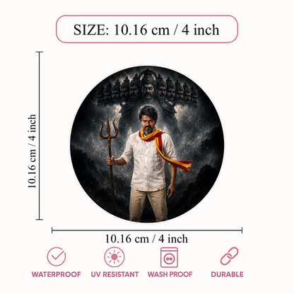 Thalapathy Vijay  Warrior Round Sticker – 10.16 × 10.16 cm (4 × 4 Inch) Waterproof UV Resistant Vinyl Car & Bike Sticker for Car, Helmet, Laptop & Rear Glass | Premium Cinematic Fan Art Decal Pack of 1