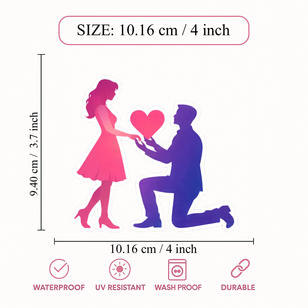 Smeeps Romantic Proposal Couple Silhouette Sticker – 10.16 × 9.40 cm (4 × 3.7 Inch) Premium Vinyl Decal | Heart Proposal Design | Waterproof UV Resistant Wash Proof