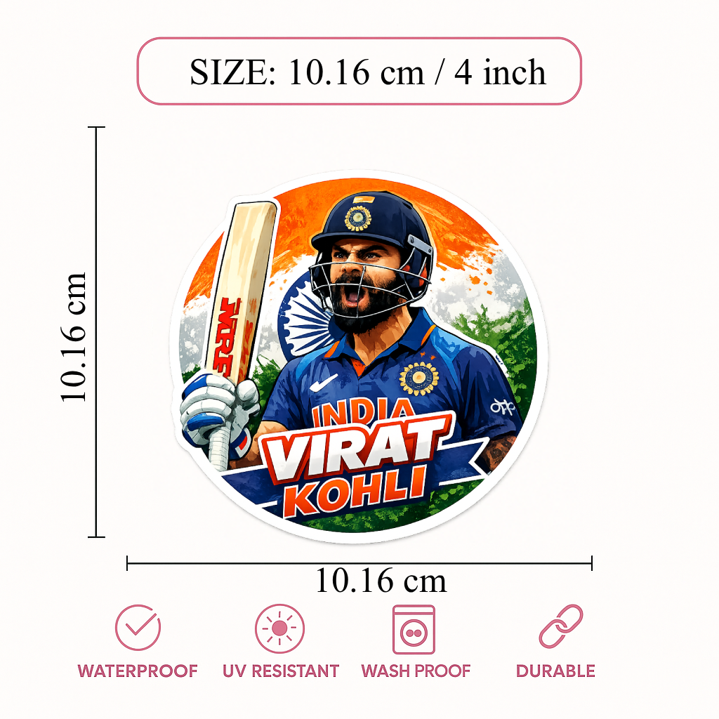 Smeeps Virat Kohli Sticker – 10.16 × 10.16 cm (4 × 4 Inch) Round Car & Bike Vinyl Decal | Team India Cricket Champion Design | Waterproof UV Resistant