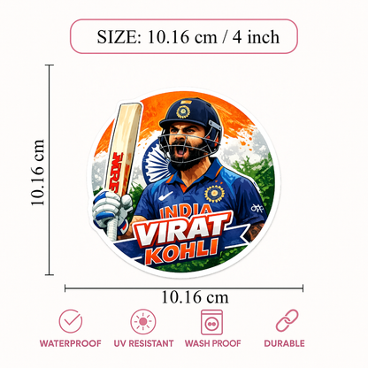 Smeeps Virat Kohli Sticker – 10.16 × 10.16 cm (4 × 4 Inch) Round Car & Bike Vinyl Decal | Team India Cricket Champion Design | Waterproof UV Resistant