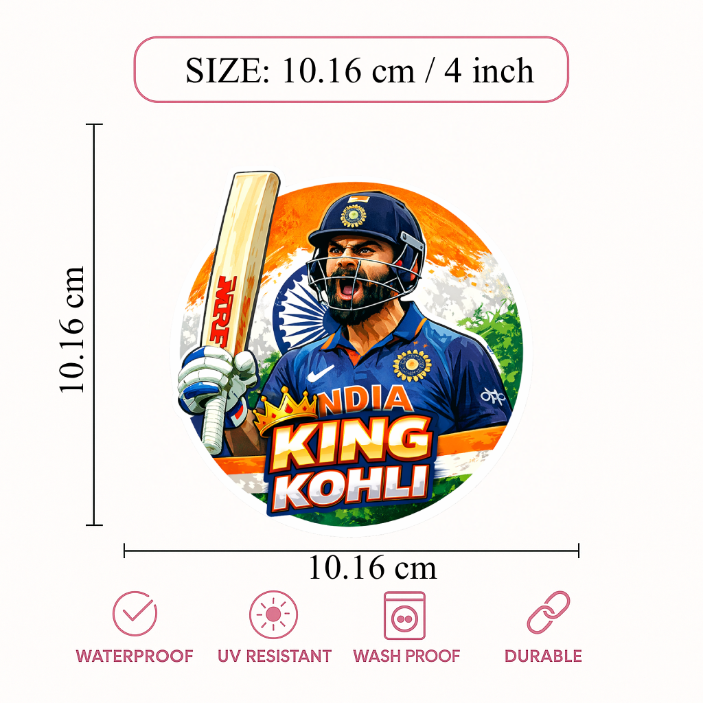 Smeeps King Kohli Virat Sticker – 10.16 × 10.16 cm (4 × 4 Inch) Round Car & Bike Vinyl Decal | Indian Cricket Icon Design | Waterproof UV Resistant