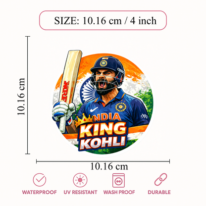 Smeeps King Kohli Virat Sticker – 10.16 × 10.16 cm (4 × 4 Inch) Round Car & Bike Vinyl Decal | Indian Cricket Icon Design | Waterproof UV Resistant