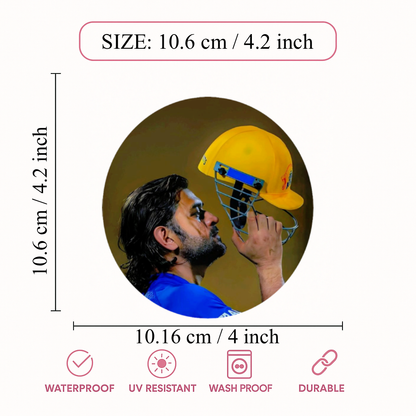 Smeeps MS Dhoni Tribute Sticker – 10.6 × 10.6 cm (4.2 × 4.2 Inch) Round Car & Bike Vinyl Decal | Captain Cool Helmet Kiss Design | Waterproof UV Resistant