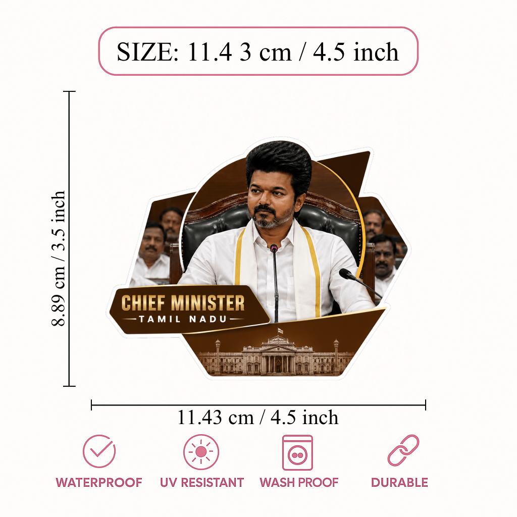 Thalapathy Vijay “Chief Minister of Tamil Nadu” Die-Cut Sticker – 11.43 × 8.89 cm (4.5 × 3.5 Inch) Waterproof UV Resistant Vinyl Car & Bike Sticker for Car, Helmet, Laptop & Rear Glass | Premium Political Fan Art Decal Pack of 1