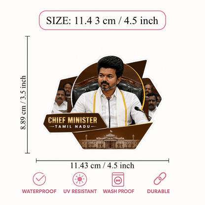 Thalapathy Vijay “Chief Minister of Tamil Nadu” Die-Cut Sticker – 11.43 × 8.89 cm (4.5 × 3.5 Inch) Waterproof UV Resistant Vinyl Car & Bike Sticker for Car, Helmet, Laptop & Rear Glass | Premium Political Fan Art Decal Pack of 1