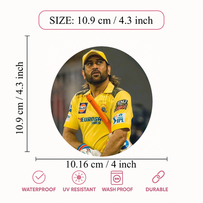Smeeps MS Dhoni CSK Sticker – 10.9 × 10.16 cm (4.3 × 4 Inch) Round Car & Bike Vinyl Decal | Chennai Super Kings Captain Design | Waterproof UV Resistant